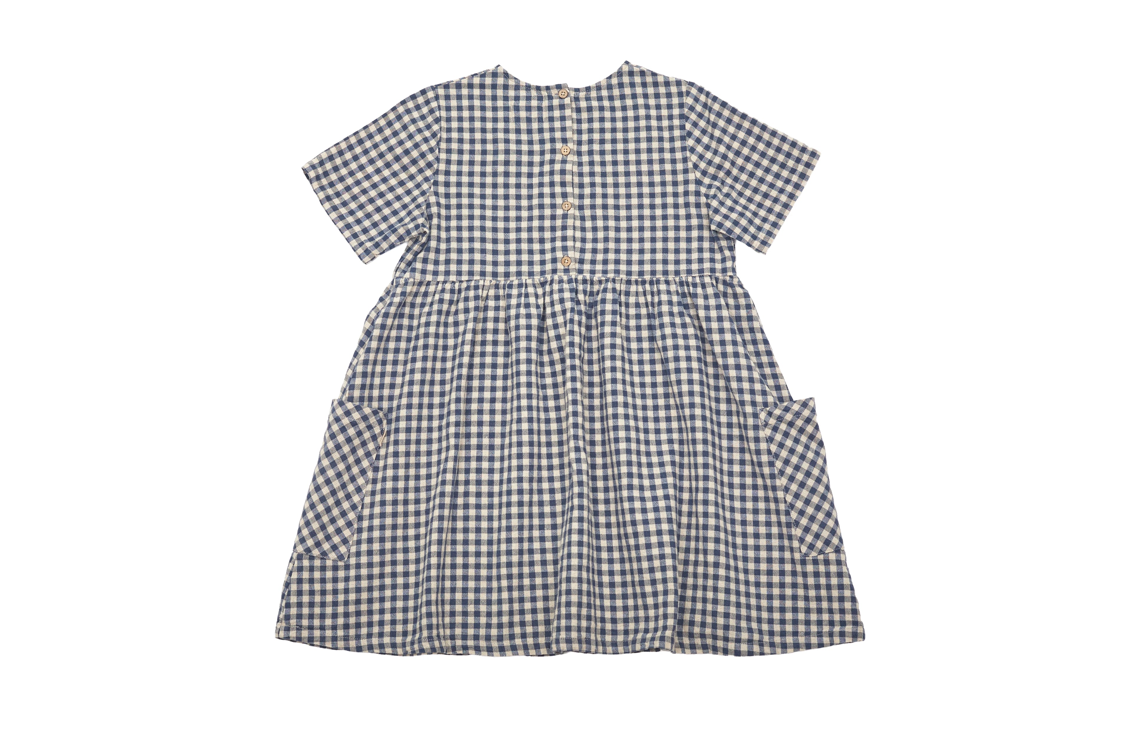 Wheat Navy Gingham Dress with Short Sleeves and Patch Pockets
