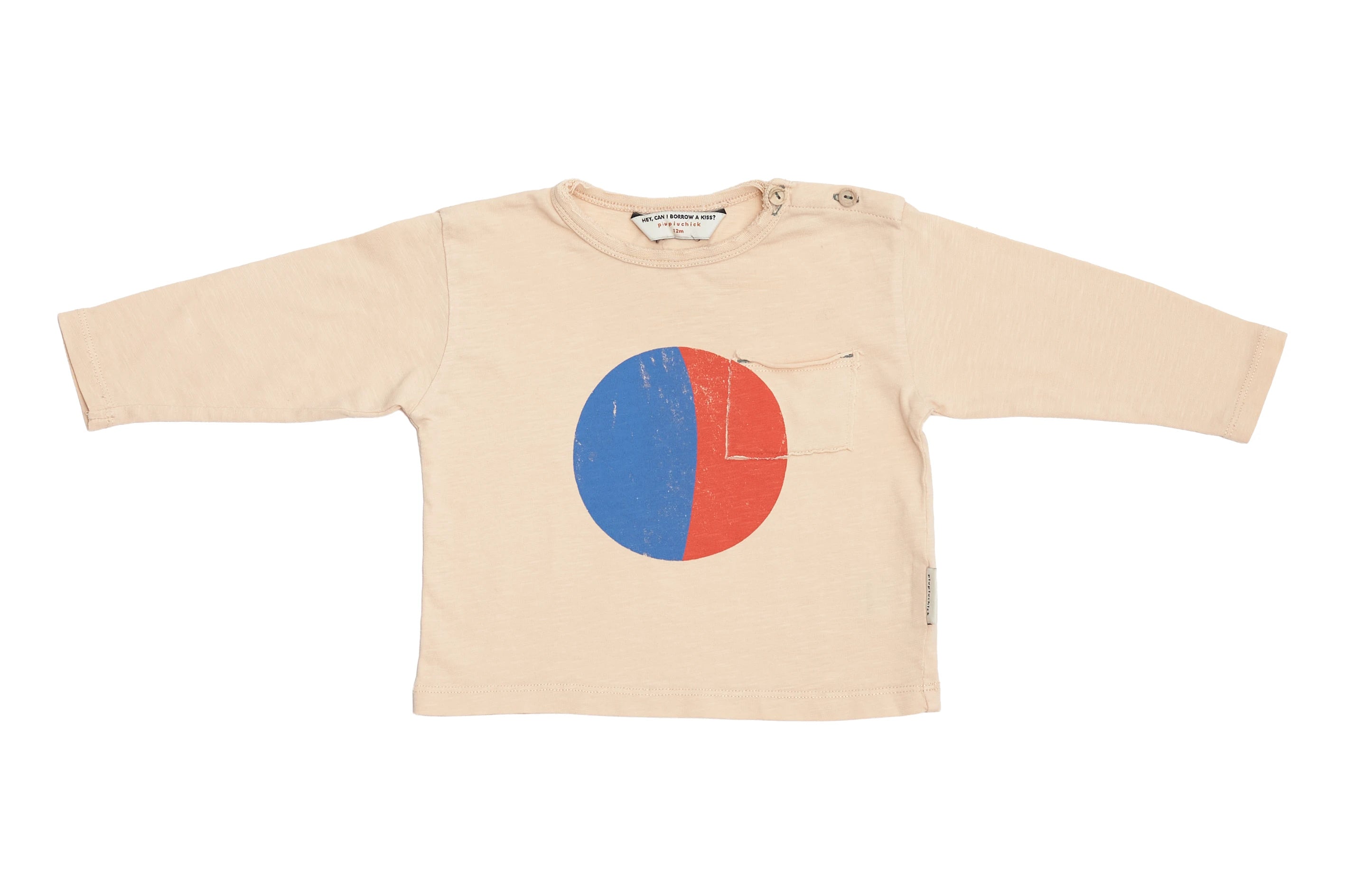 Beige long-sleeve shirt with a colorful circle design on a white background