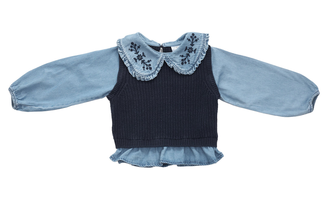 Zara Indigo Layered Embroidery Blouse