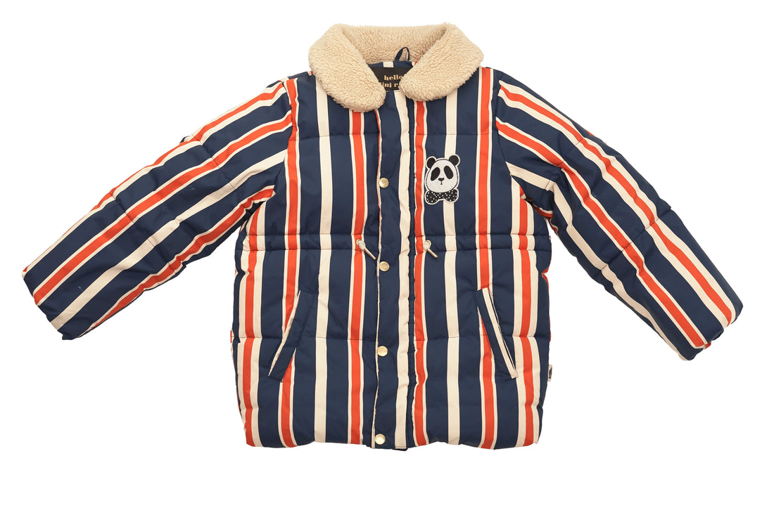 Striped puffer jacket with panda design on a white background