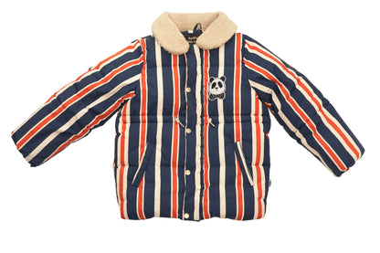 Striped puffer jacket with panda design on a white background