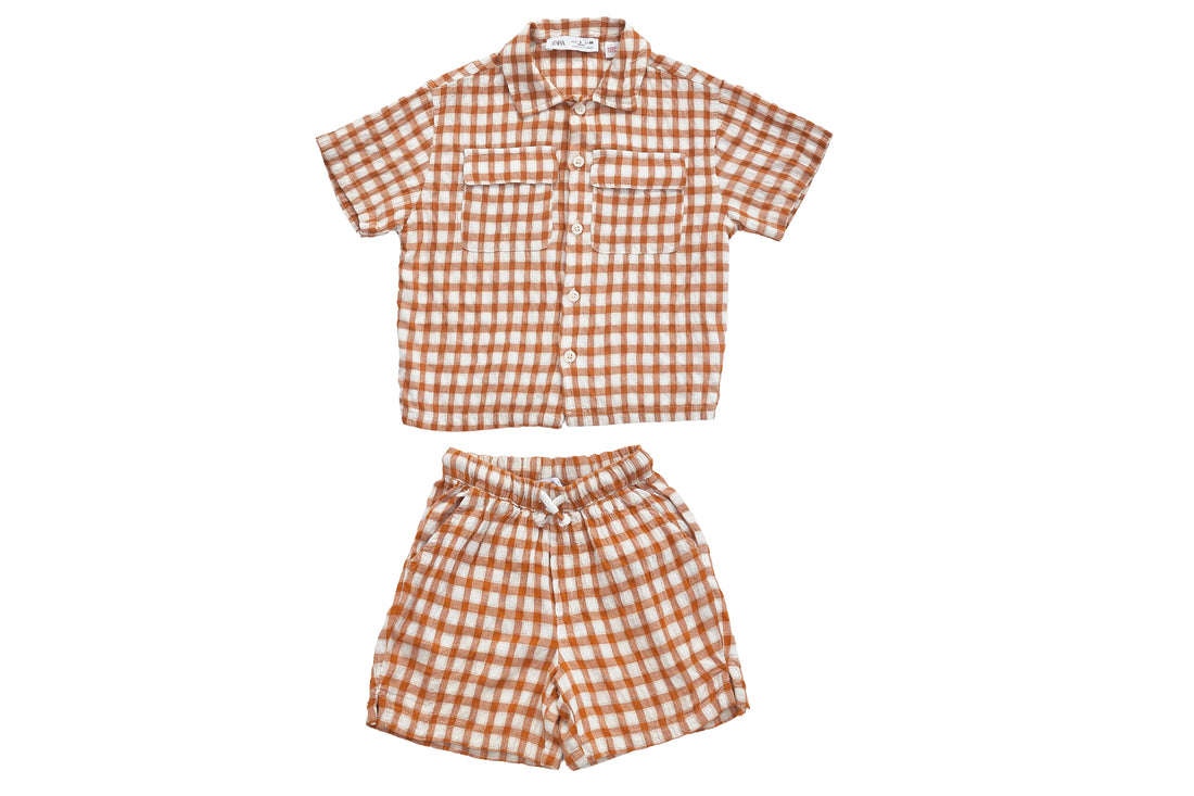 Zara Terracotta Gingham Camp Shirt &amp; Short Set
