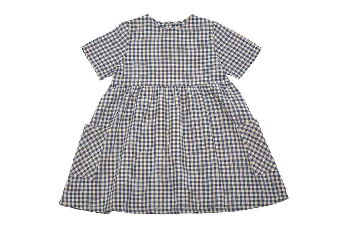 Wheat Navy Gingham Dress with Short Sleeves and Patch Pockets