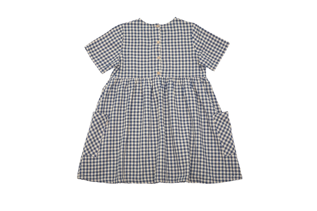 Wheat Navy Gingham Dress with Short Sleeves and Patch Pockets